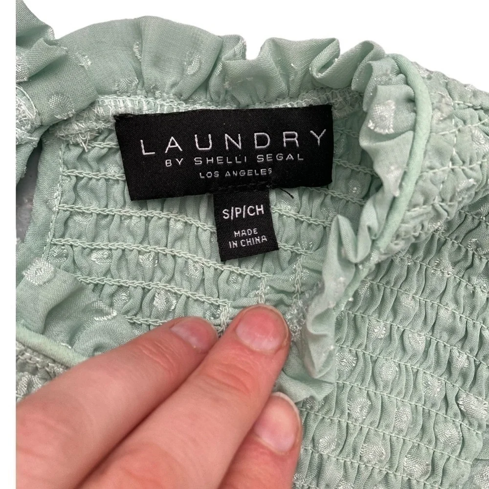 Laundry by Shelli Segal mint seafoam green smocked polka dot blouse with ruffles - Picture 8 of 8